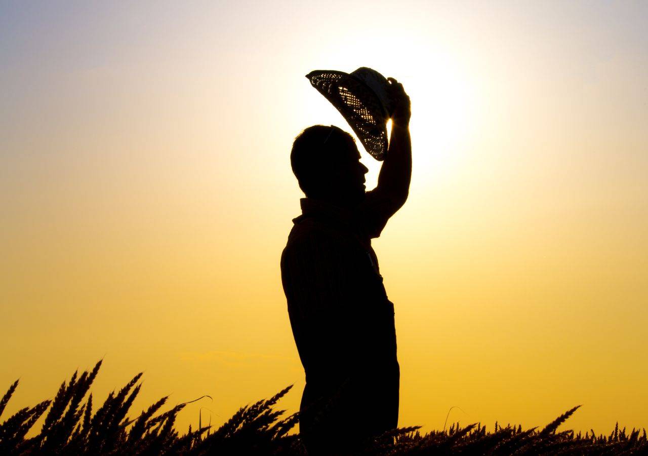farmer taking off hat at end of day representing long days work on the farm