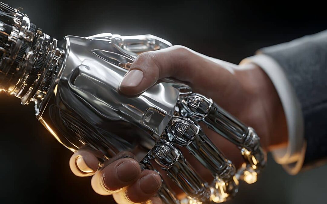 Robot and human shaking hands representing how AI can help farms and farmers
