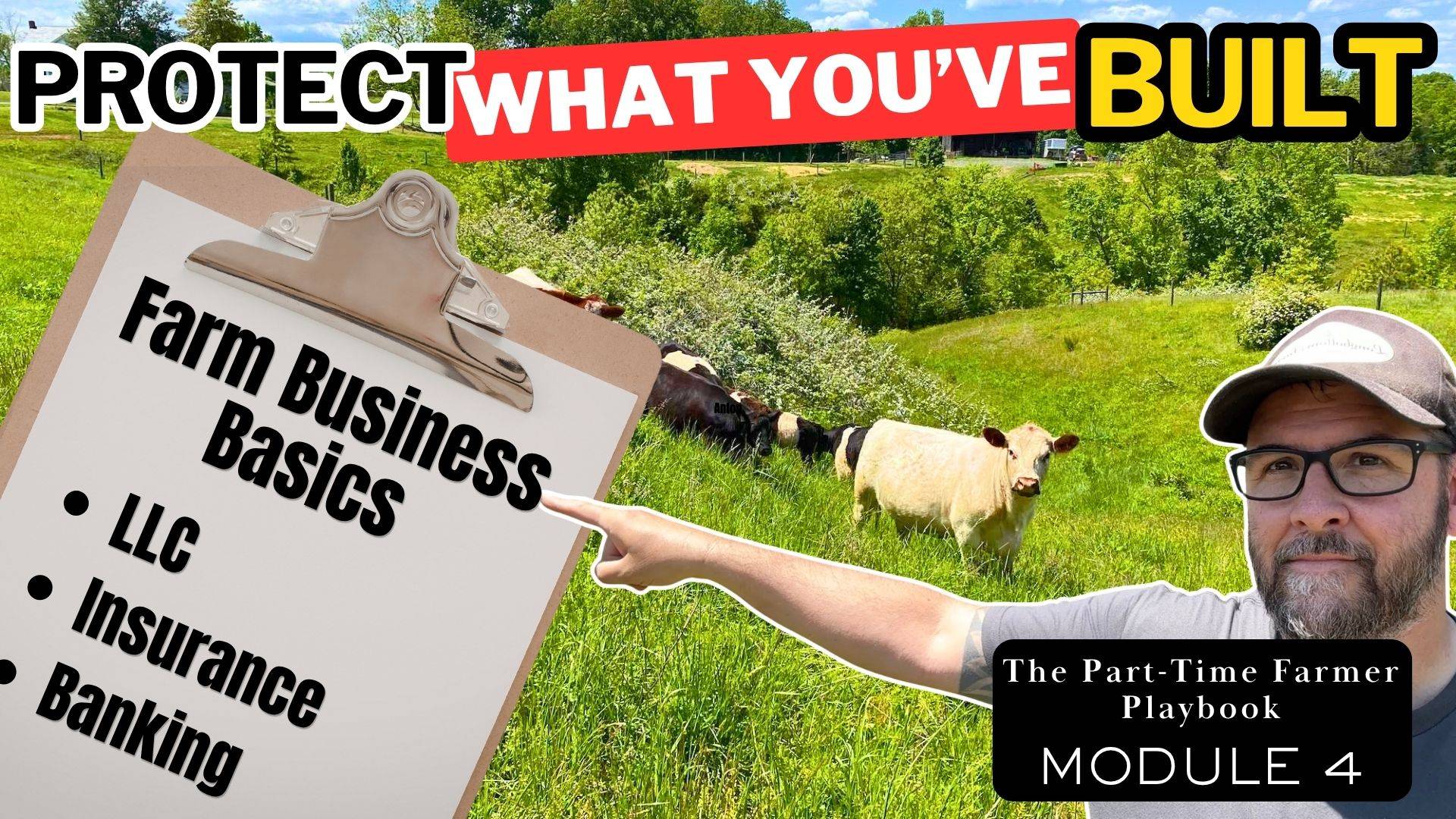 Farmer pointing to a clipboard listing farm business basics — LLC setup, farm insurance, and business banking — with cattle grazing on a pasture farm in the background.