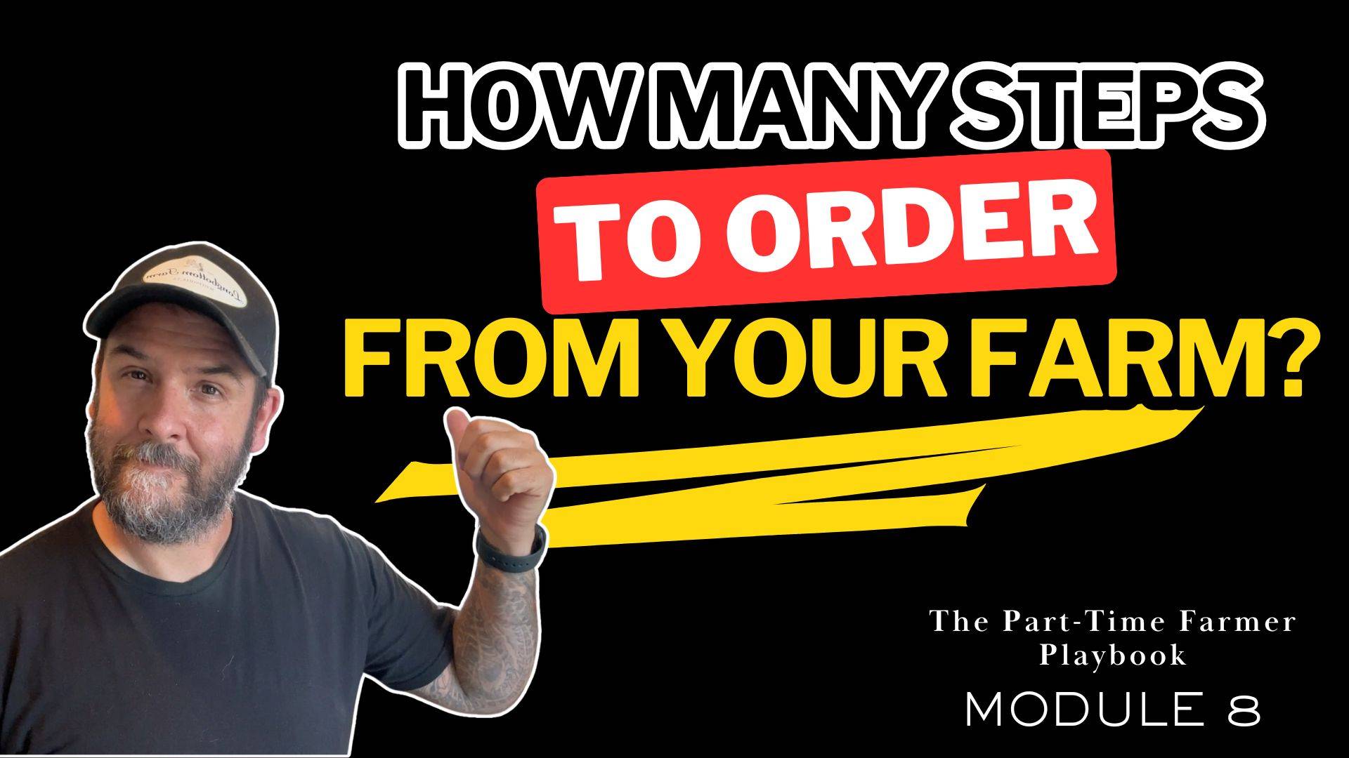 armer pointing toward text that reads "How Many Steps to Order From Your Farm?" — Module 8 of the Part-Time Farmer Playbook on reducing farm ordering friction and setting up an online farm store.